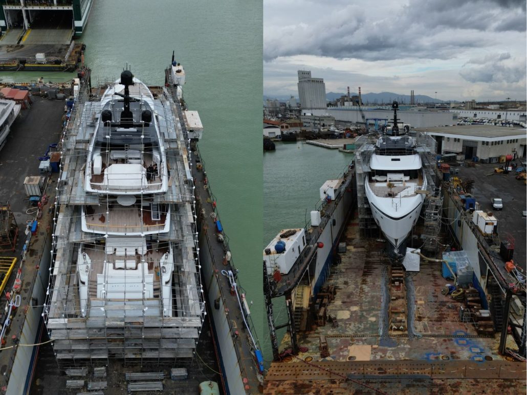 Alchemist megayacht in tagliando nel bacino di Gestione Bacini spa di Livorno